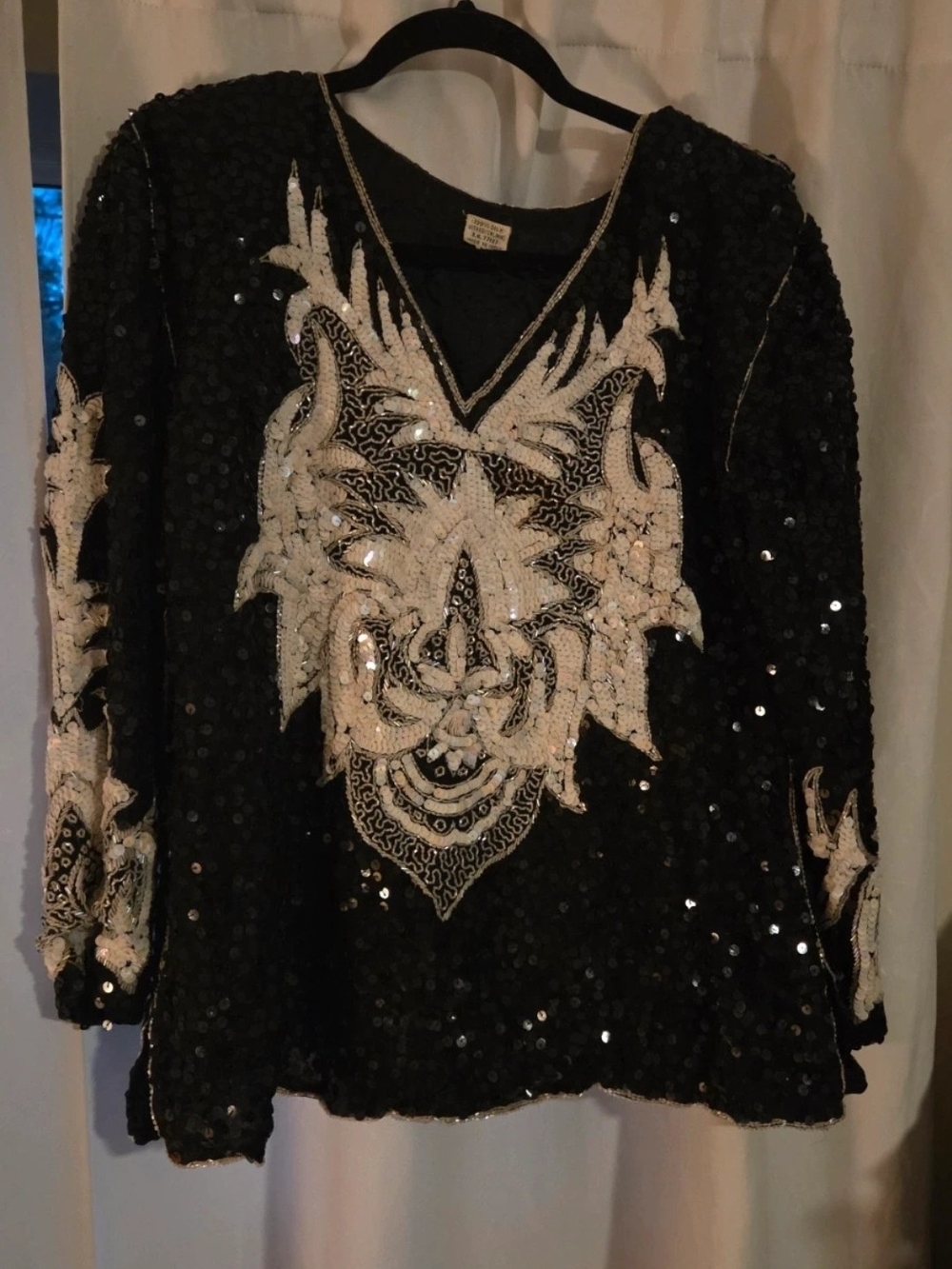 Vintage Black Sequin Beaded Floral Evening Blouse Women's Medium 80s 90s